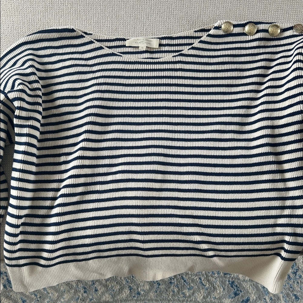 Sezane Navy and White Striped Boatneck Sweater with Gold Buttons